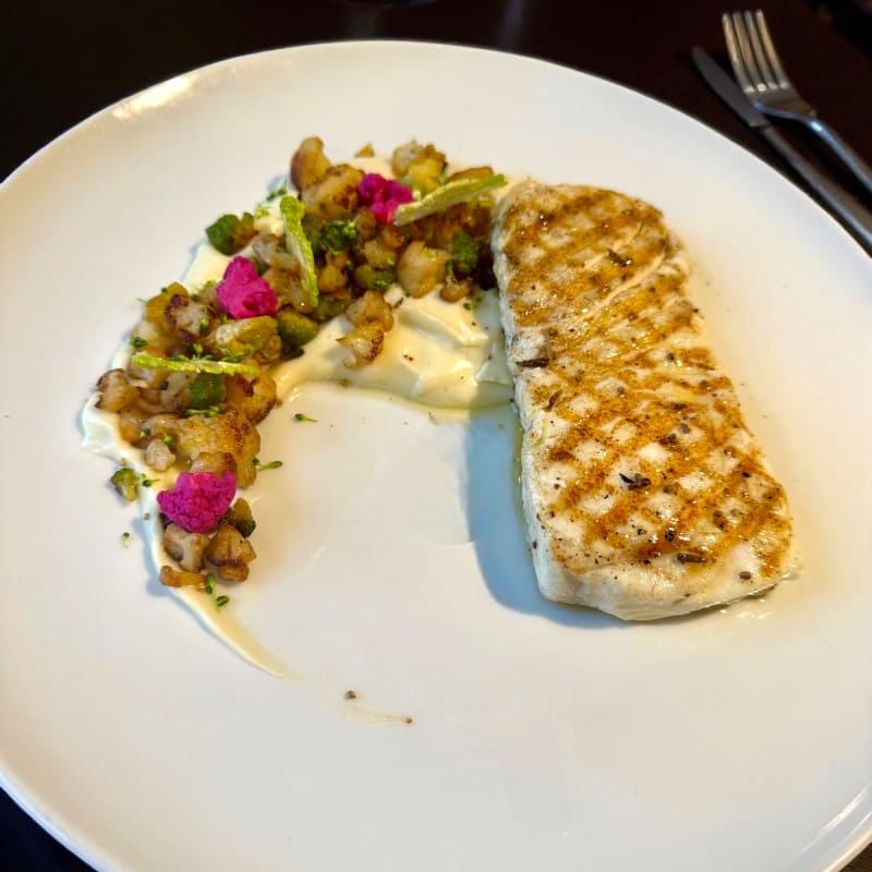Grilled halibut with sweet gale butter.