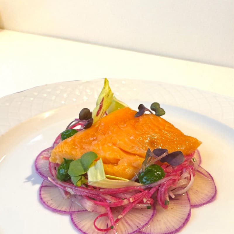 Carefully plated dish of Arctic char.