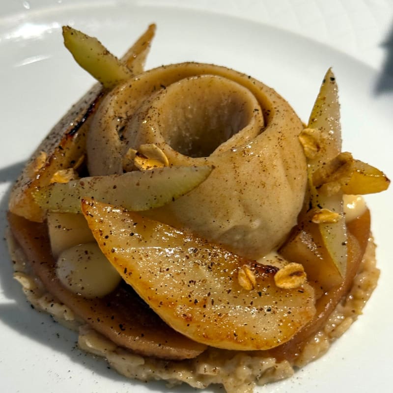 Flemish Beauty European pear served as a gourmet dessert.