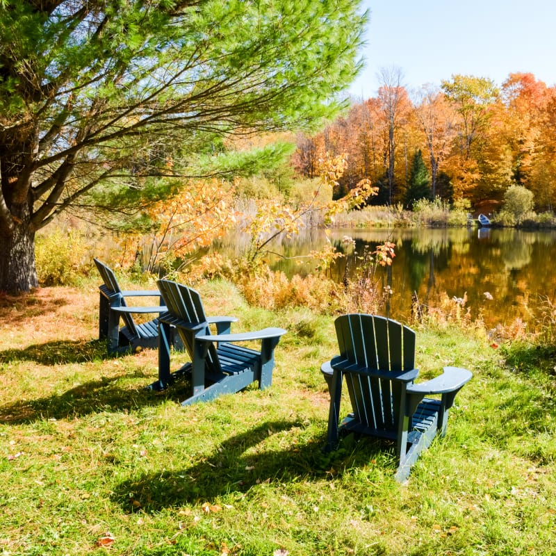 3 chaises Adirondack sur le bord de l'eau à l'automne.