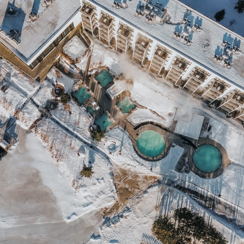 Aerial view of Estérel Resort spa in winter.