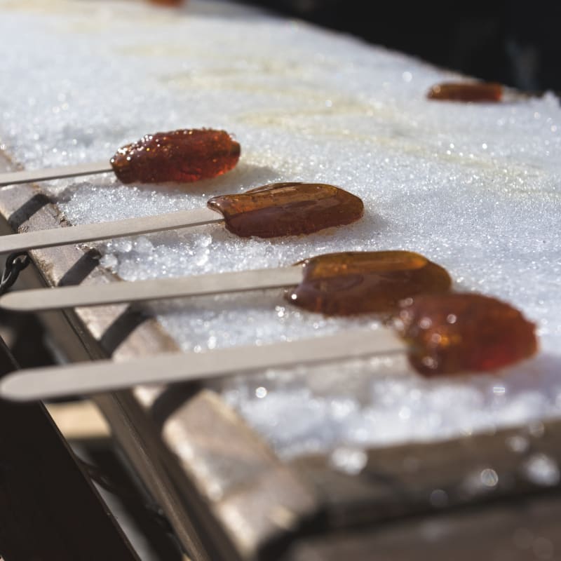 four sticks of maple taffy on snow.