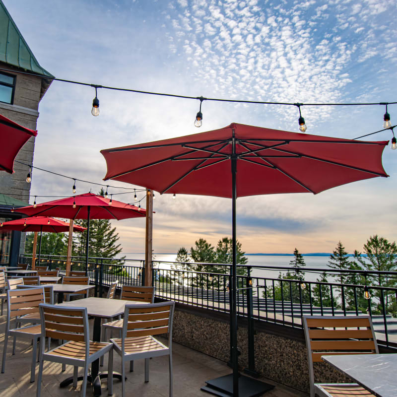 Terrace with a view of the St. Lawrence River at the Fairmont Le Manoir Richelieu.