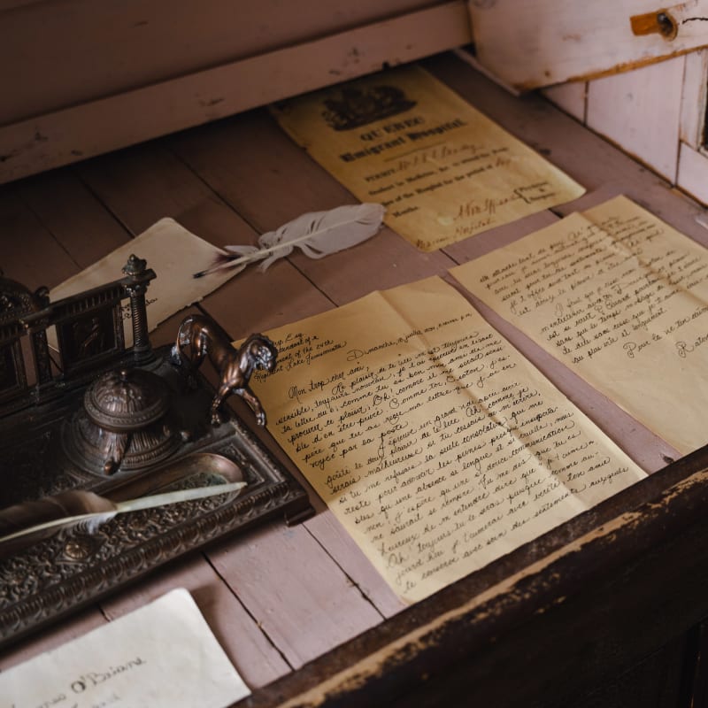 Writing quills with yellowed handwritten pages.