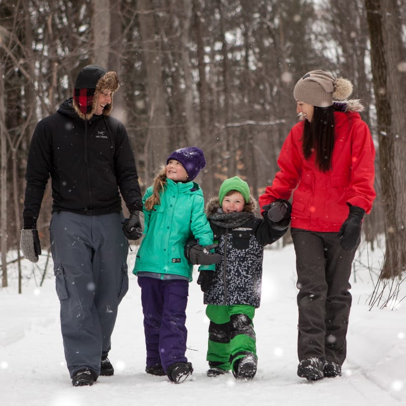 Family walking along a snow-covered forest trail.