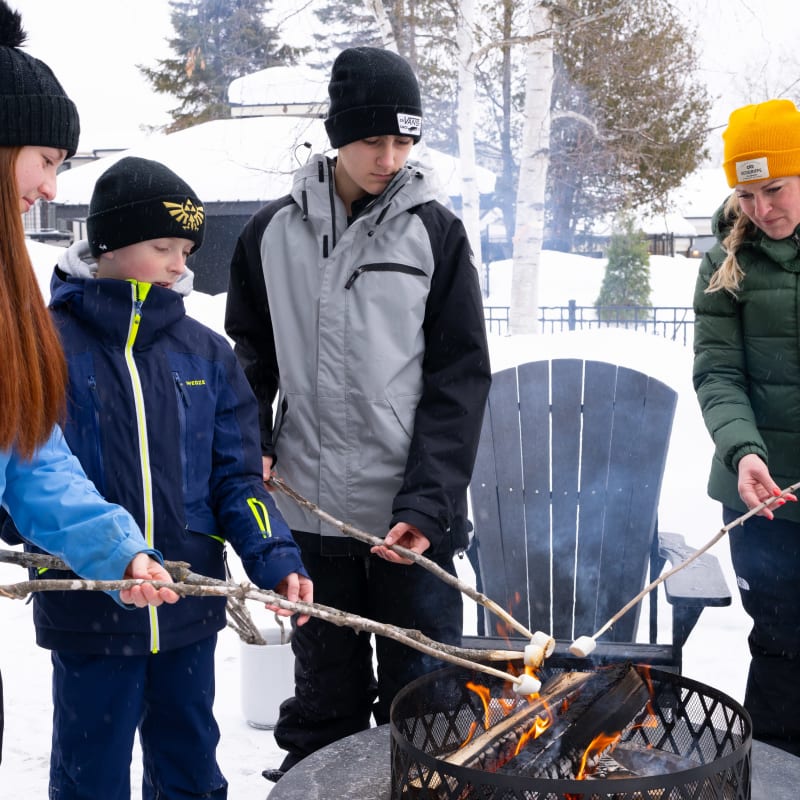 Famille faisant des guimauves grillées au feu. 