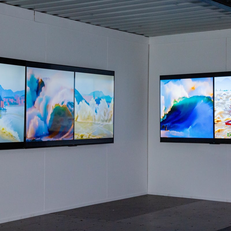 Écrans lumineux affichant des toiles au Festival MUTEK - For You I Will Be An Island par Chun Hua Catherine Dong