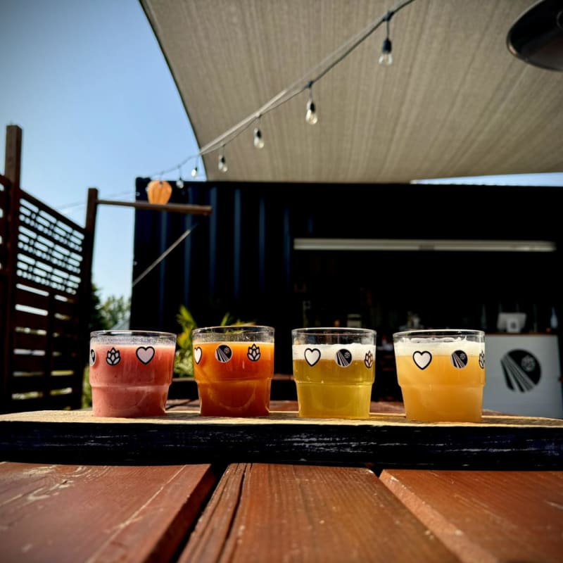 Plateau de dégustation de 4 bières posé sur une table extérieure à la microbrasserie Perspective.