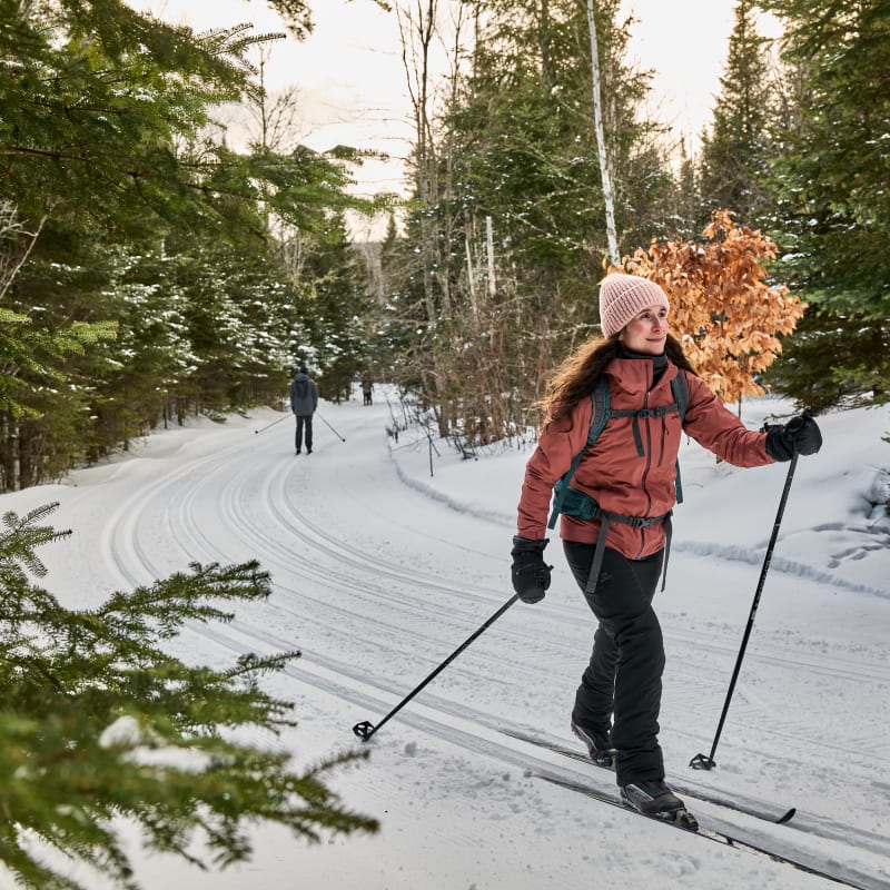 Woman cross-country skiing in the national park.