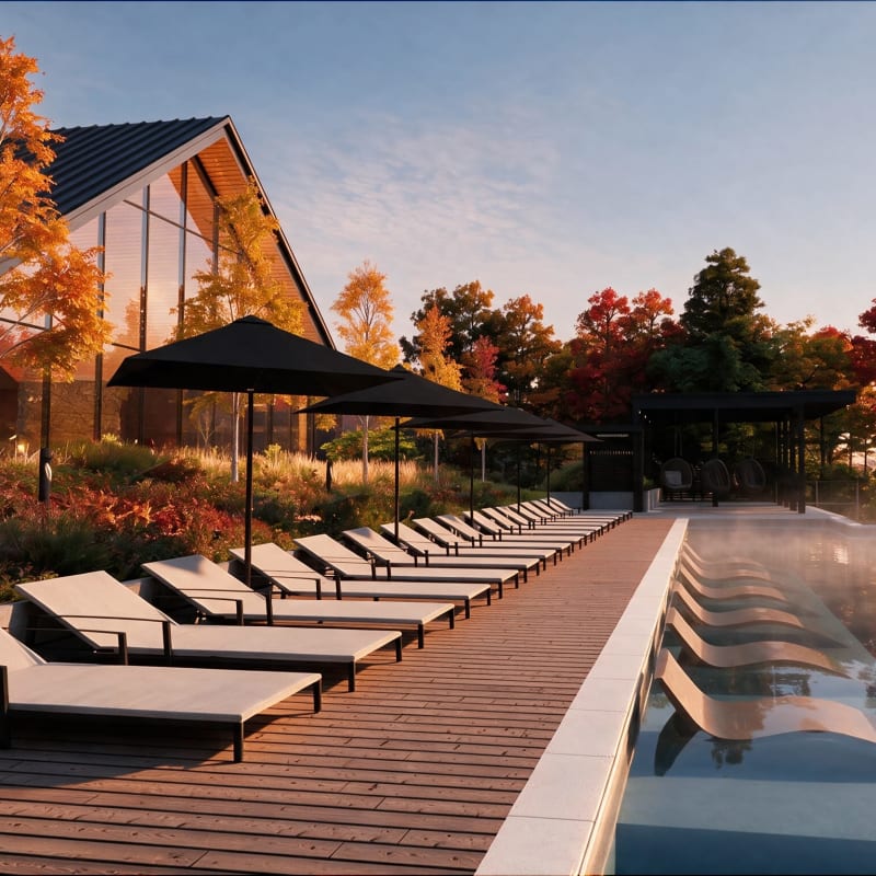 Espace piscine et détente à l'automne (rendu 3D).