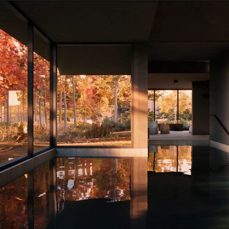 Bain intérieur vitré à l'automne (rendu 3D).