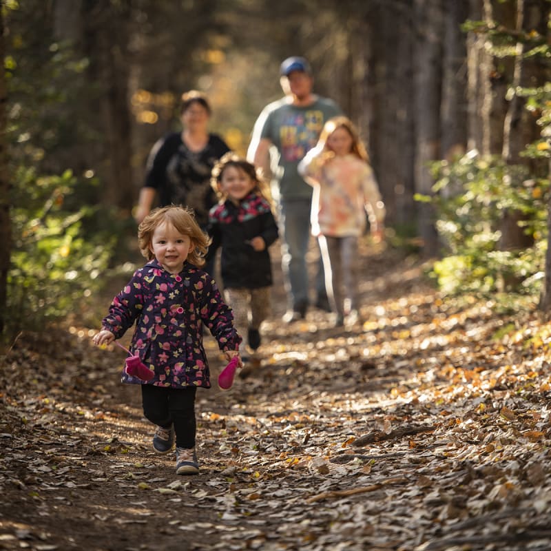 Family on a hiking trail in the fall in Côte-Nord.