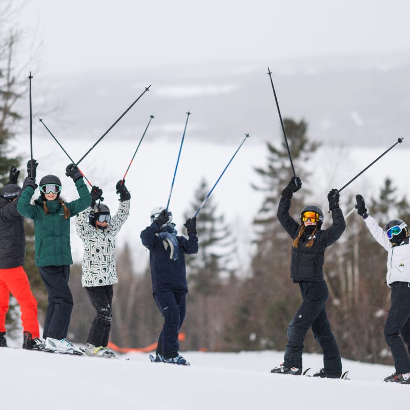 Group of six downhill skiers on a ski slope, arms raised in celebration. 