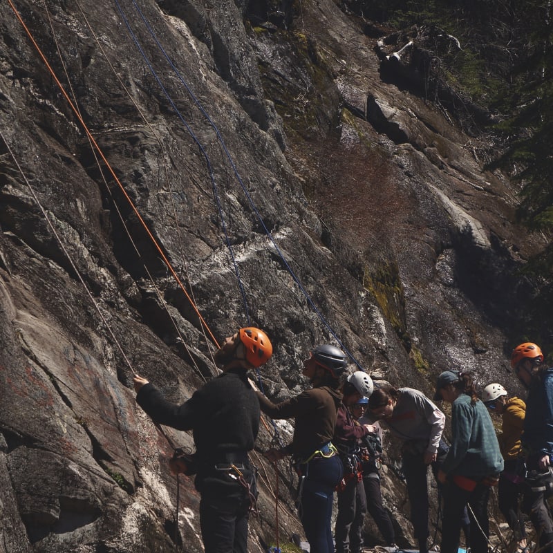Group of climbers at the bottom of a rock face