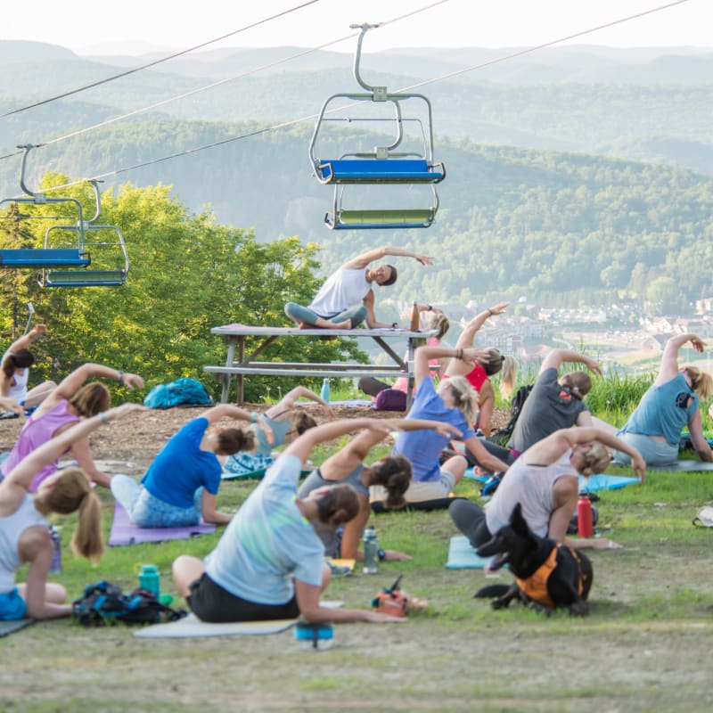 Group of people doing yoga on a mountain